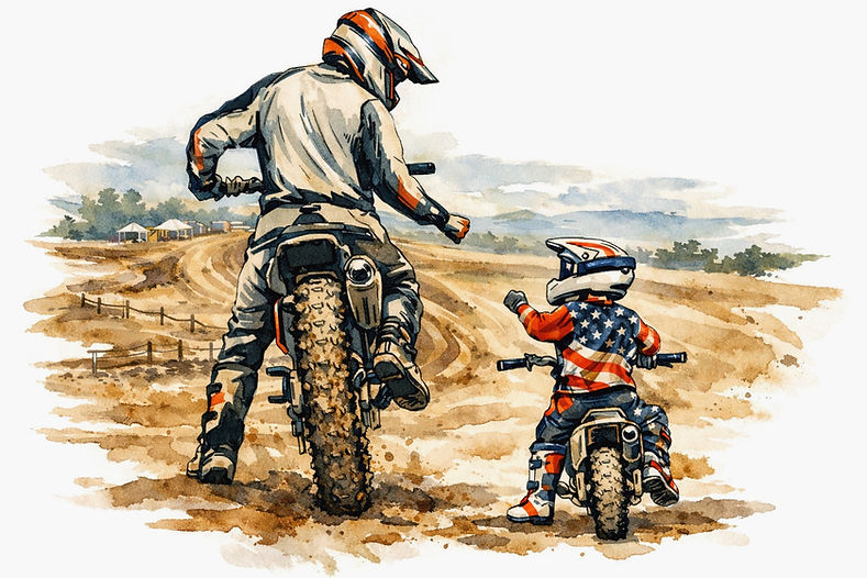 Adult and child on dirt bikes, child in American flag outfit