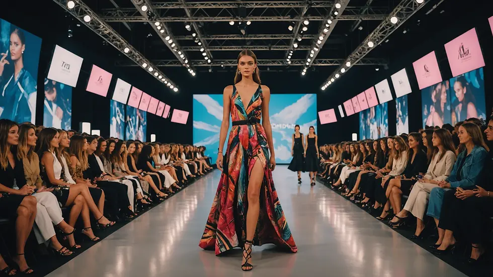 Eye-level view of a fashion runway featuring vibrant designs inspired by popular music