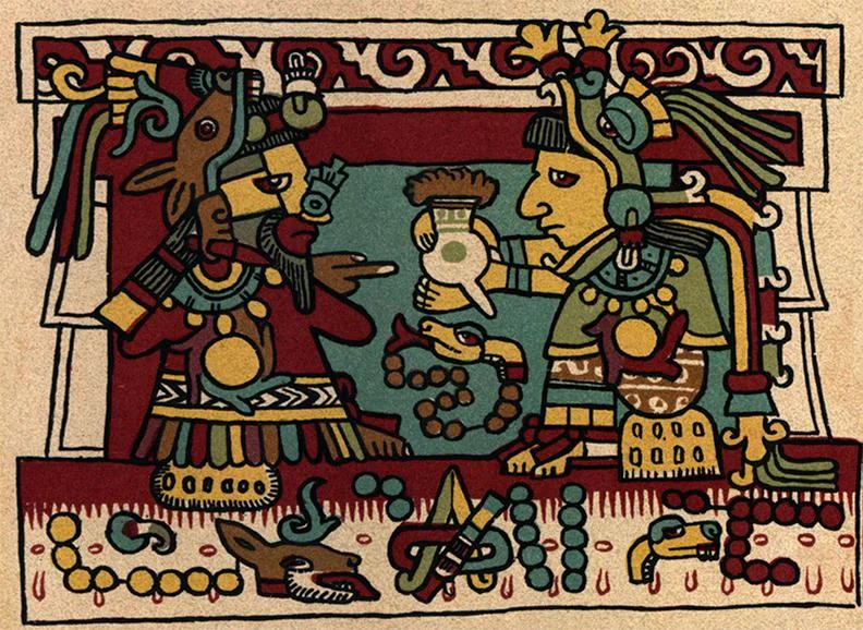 8-Deer (‘Jaguar Claw’) receives a jug of cacao from the hands of his wife 13-Snake (‘Flower Snake’), Codex Zouche-Nuttall pl. 26 