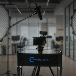 Film studio setup with a director’s chair labeled Chronicle Cinema, surrounded by professional video lights, camera, and microphone. Promotional image for Chronicle Cinema’s Express Production Unit, highlighting fast, cinematic video production with AI-empowered workflows, creative storytelling, and 72-hour turnaround for commercials, interviews, and brand content.