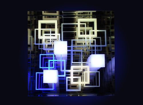 A light installation with several squares that are glowing in various colours