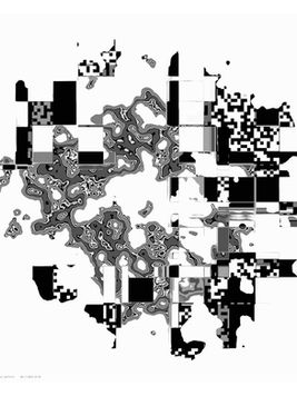 An abstract computer generated image in black and white colour scheme, that has rectangles, glitches and pieces of code in it.