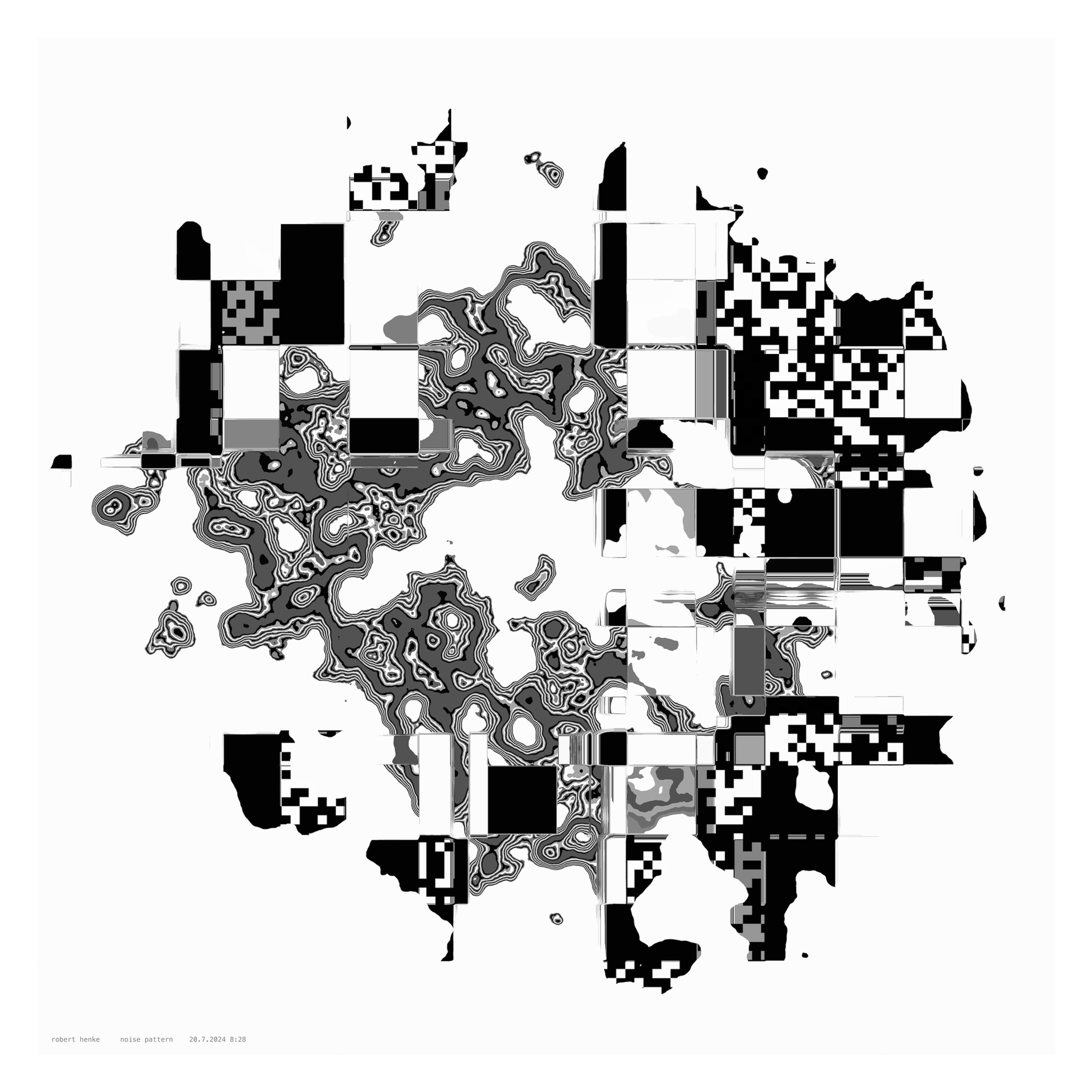 An abstract computer generated image made in black and white tones with glitches and parts of the code.