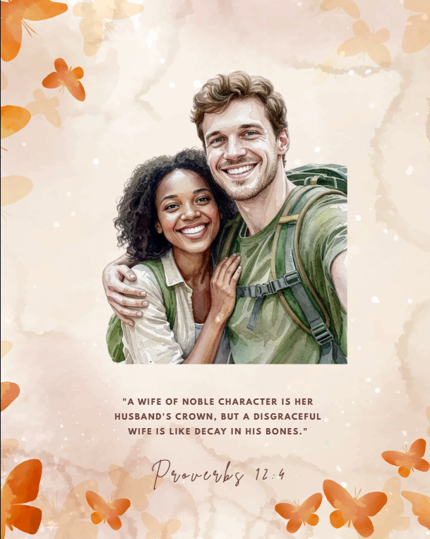 A watercolor portrait from photo with a Bible verse from Proverbs 12:4