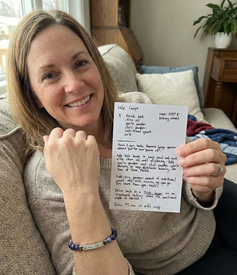 Woman wearing custom memorial bracelet engraved with mom's handwritten kale chip recipe