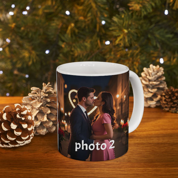 A couple kissing photo on a personalized mug. Pinecones and the tree in the background create a romantic mood.