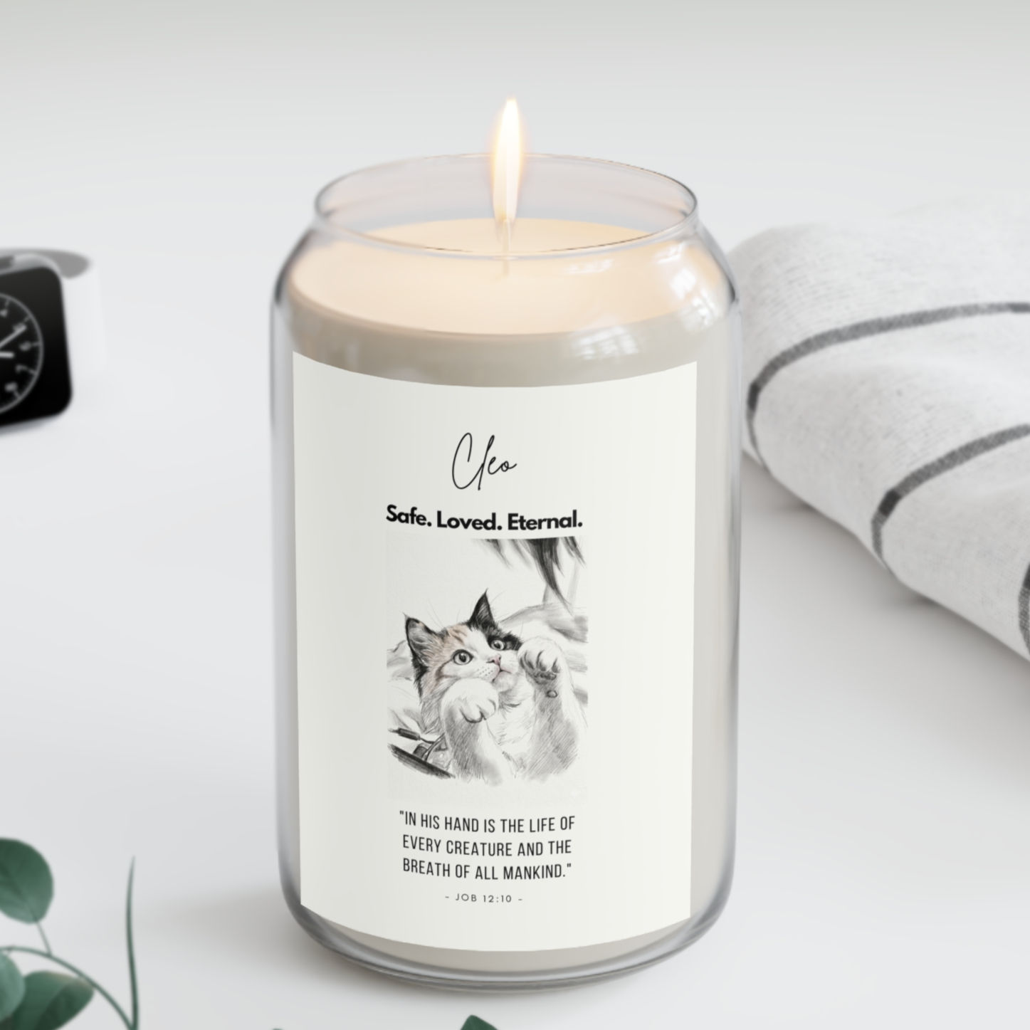 Custom Bible Verse Cat Memorial Candle – "Safe. Loved. Eternal."