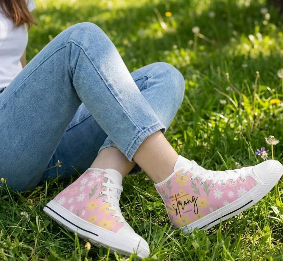 Custom Girls Christian Shoes - "She is Strong" Pink Floral