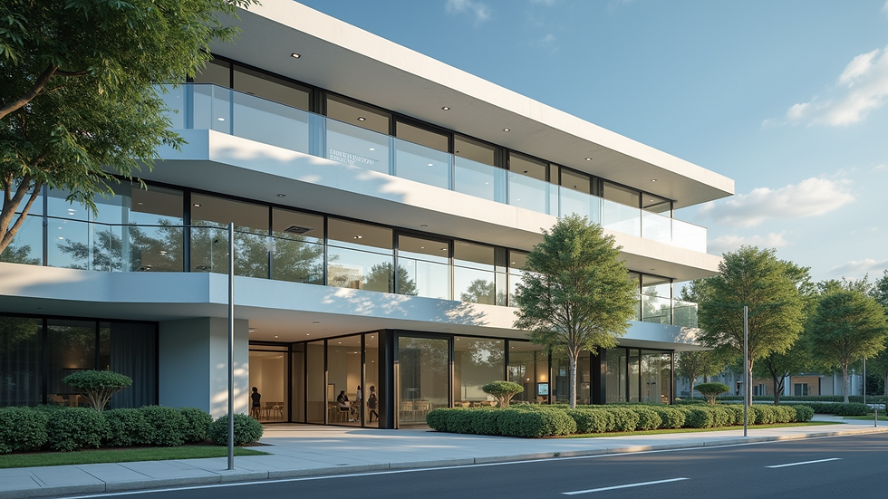Wide angle view of a modern immigration office building