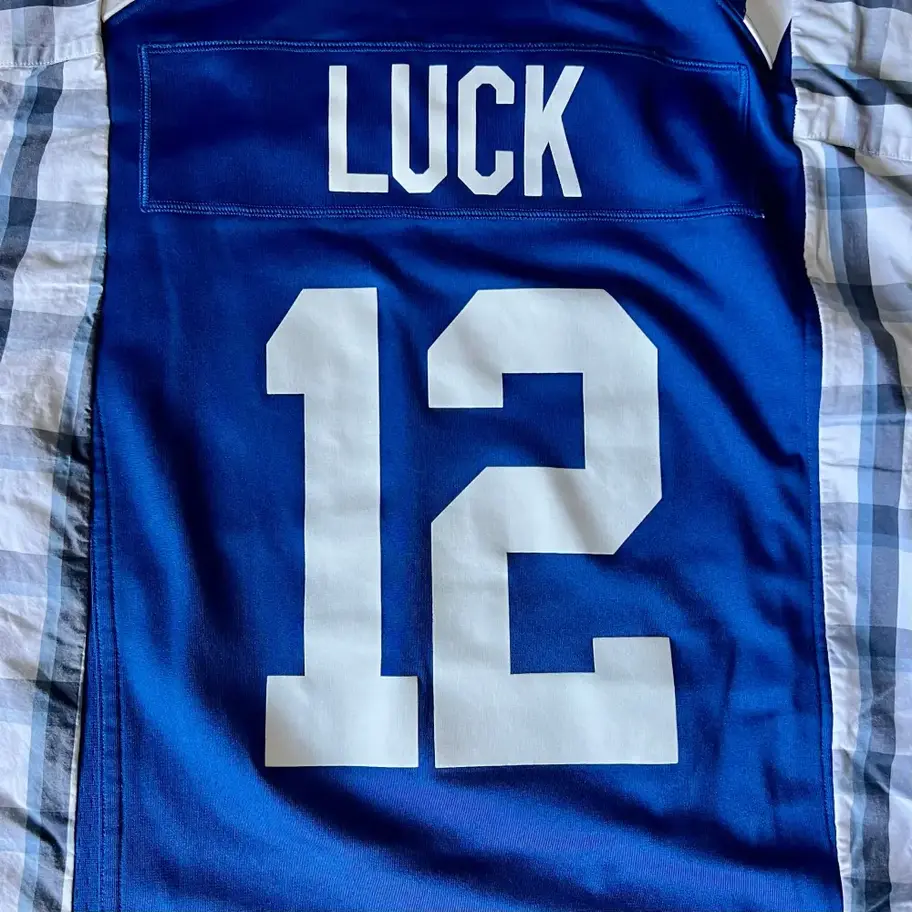 Blue Andrew Luck Indianapolis Colts jersey reworked with white long sleeve dress shirt with blue and grey pattern