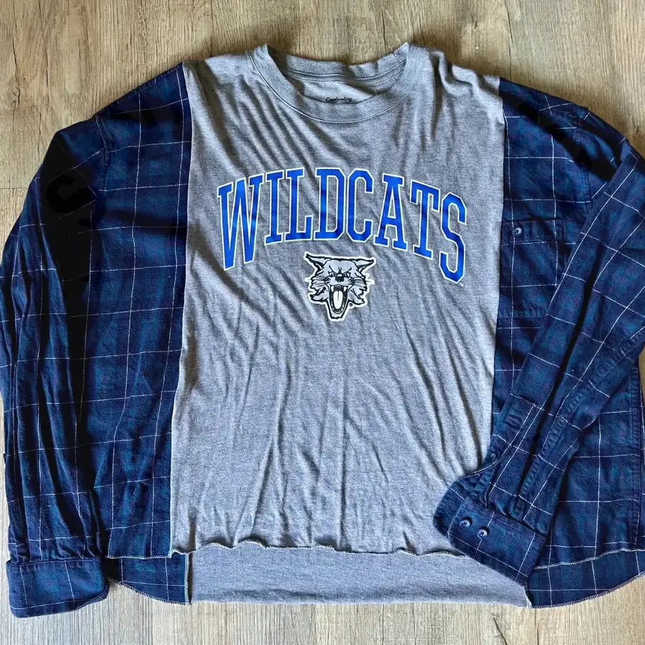 Grey University of Kentucky college shirt reworked with a dark blue flannel