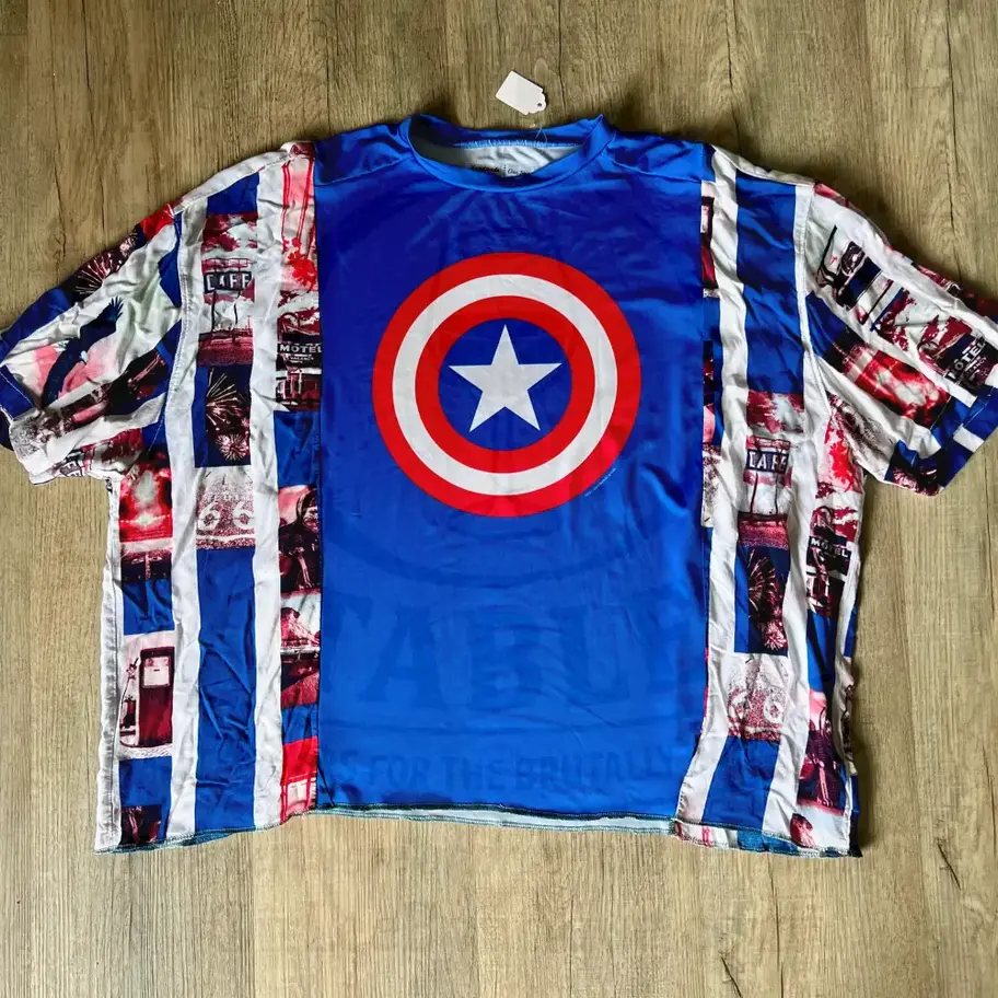 Blue Captain America thrifted rework short sleeve shirt with a patch work button down