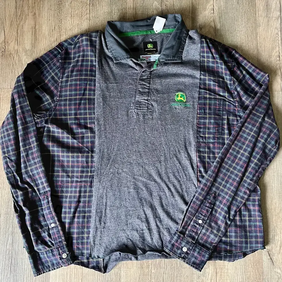 grey collared John Deere shirt thrifted and reworked with a blue and red flannel