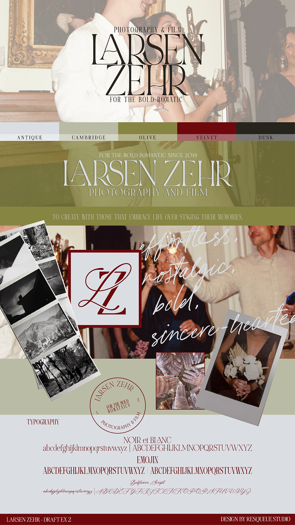 Larsen Zehr Photography's second directional draft with yellow-green color palette, thick detailed fonts, and maximalist design approach. Design complete by Resqueue studio - a brand and site designer