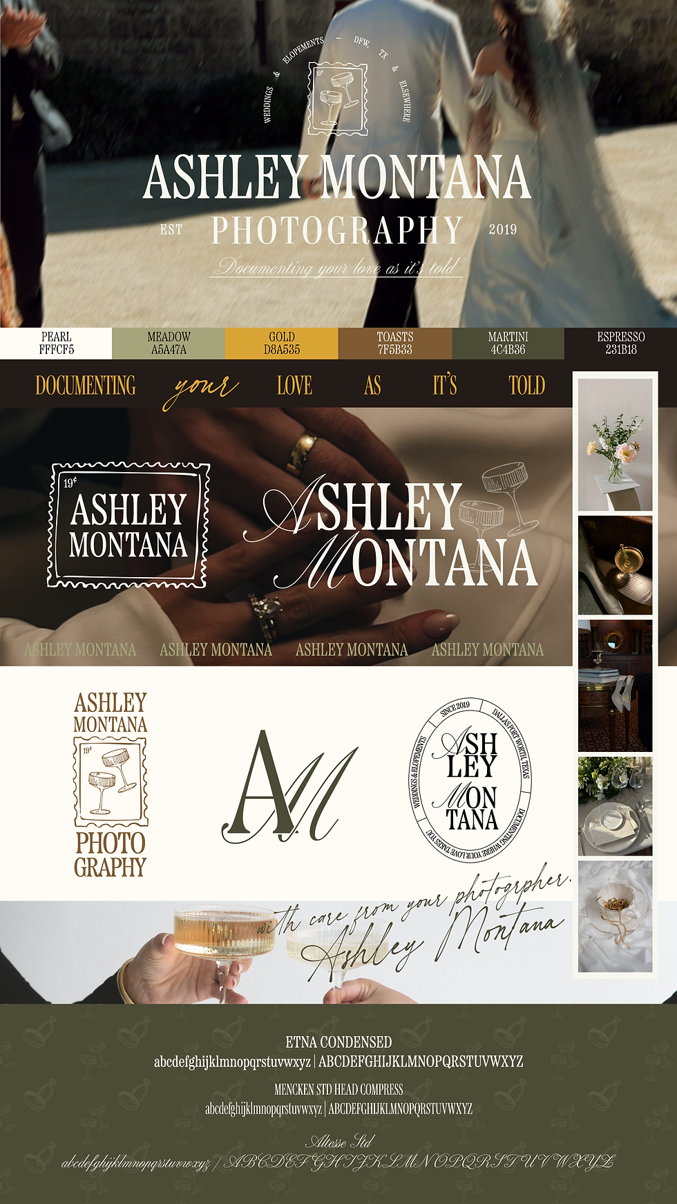 Larsen Zehr Photography's final branding board with deep red tones, yellow-green accent color, thinner gothic style fonts that interact. Design complete by Resqueue studio - a brand and site designer