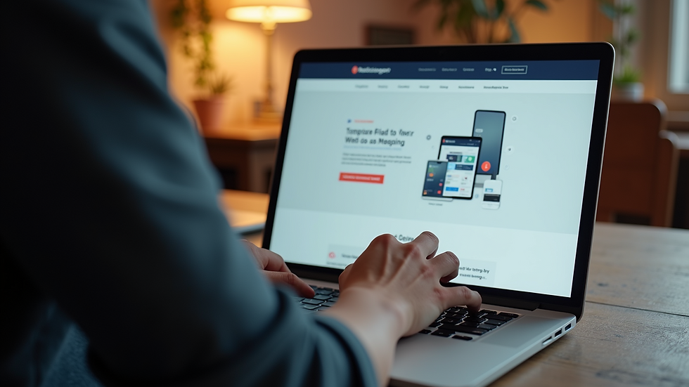 Close-up view of a person working on a laptop with a website design on the screen