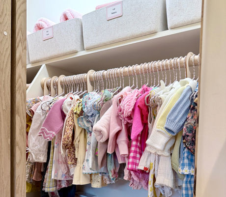 Baby nursery closet with Sort Joy baskets and Cajou hangers organized by KO Luxury Organizing in Snowmass, CO