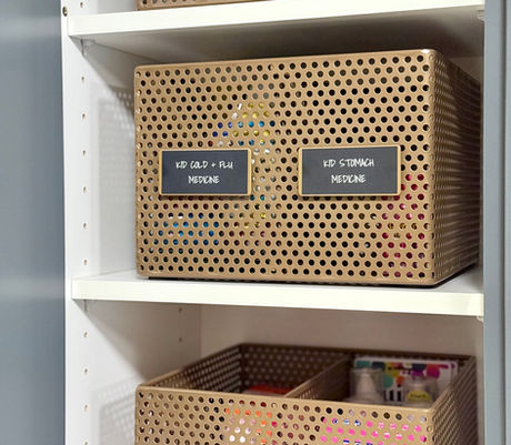 Medicine organized in Neat Method perforated metal baskets by KO Luxury Organizing in Snowmass, CO