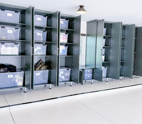 Custom garage storage cabinets by KO Luxury Organizing and Closet Factory with Weathertight totes in Cherry Hills Village, CO