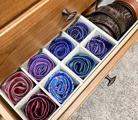 Ties organized in a Container Store Cambridge drawer organizer by KO Luxury Organizing in Cherry Hills Village, CO