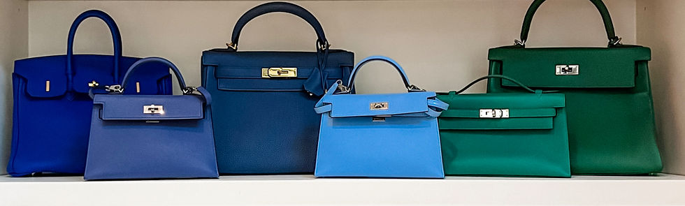 Six Hermes handbags (blue and green) neatly organized on a shelf. Organization done by KO Luxury Organizing in Aspen, CO.