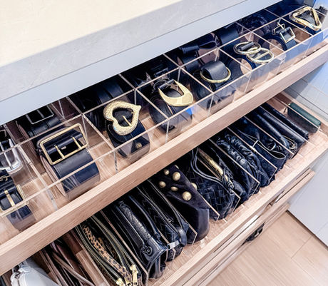 Custom Salt by Sabrina belt drawer insert designed by KO Luxury Organizing for a closet in Cherry Hills Village, CO