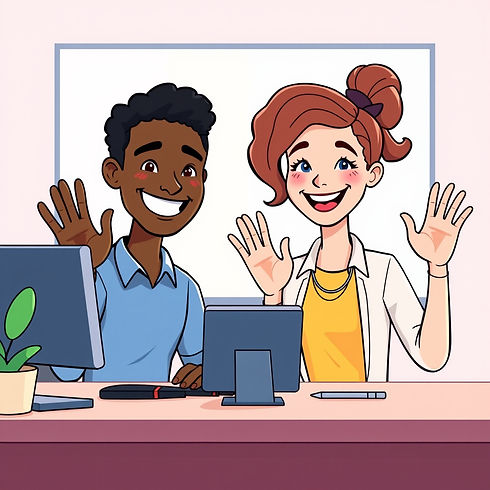 A friendly, colorful illustration of a smiling two people one black one white one male one