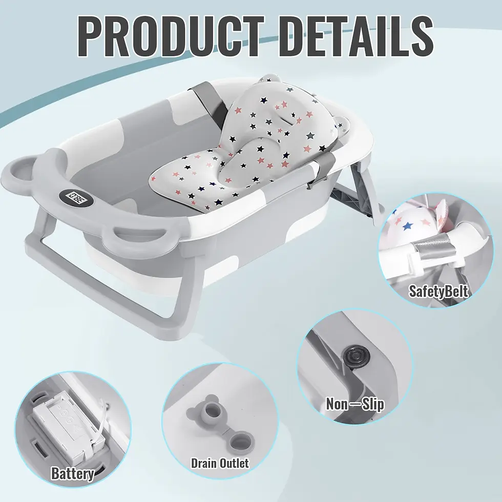 Miniature : Foldable Baby Bathtub With Thermometer, Cushion Support Portable