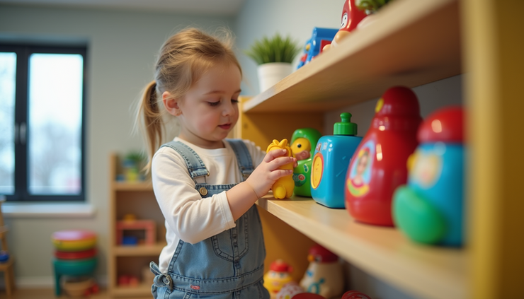 Close-up view of a childcare provider arranging educational toys on a shelf