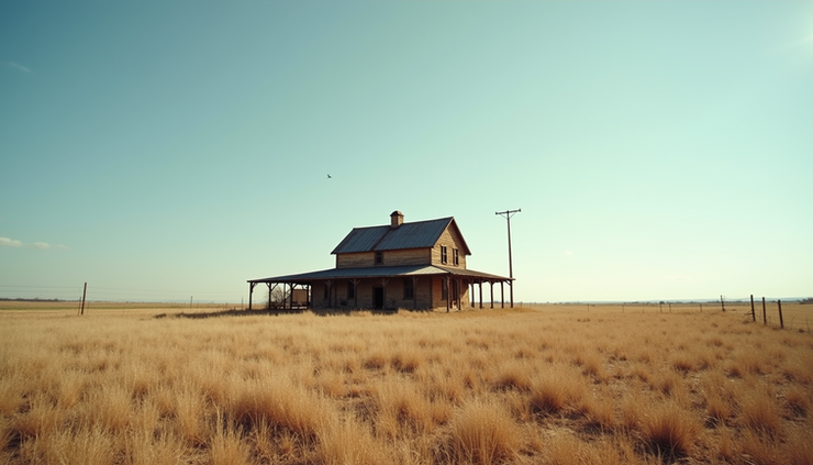 Eye-level view of a historic Oklahoma farmhouse surrounded by open fields