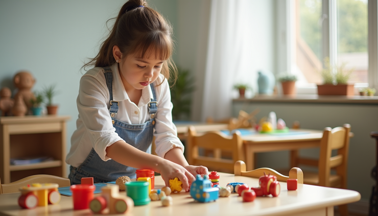 Close-up of a childcare worker setting up educational toys in a classroom