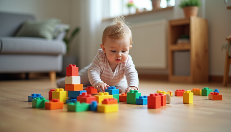 Eye-level view of a toddler playing with colorful building blocks on a wooden floor