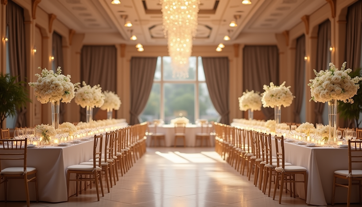 Wide angle view of an elegant indoor wedding reception hall with soft lighting and floral centerpieces