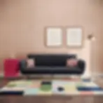 Colorful geometric area rug featuring bold shapes in blue, green, coral, and yellow tones, styled in a modern living room.