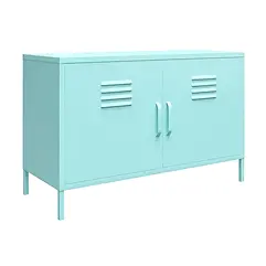 Standalone mint blue locker-style metal cabinet with two doors featuring horizontal vent details and dual vertical handles.