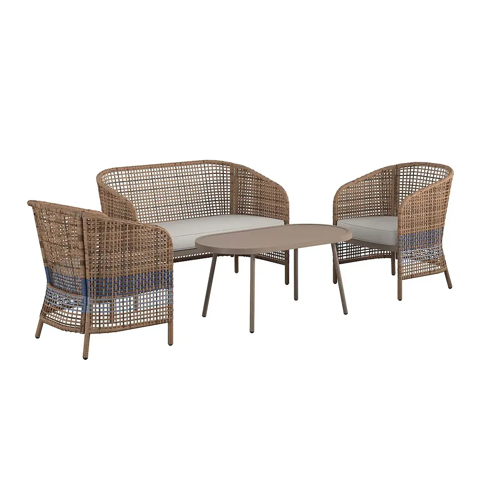 Outdoor seating set with a woven rattan frame, including a loveseat, two armchairs with beige cushions.