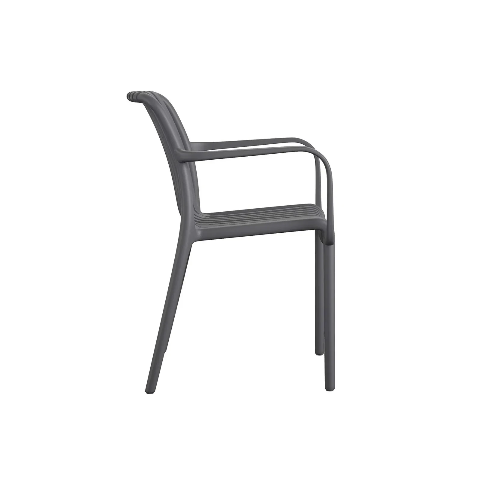Side view of a gray plastic outdoor chair with curved arms and horizontal slats.