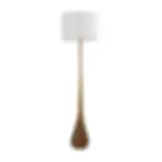 Floor lamp with a sculpted wood base and slender neck, topped with a large white cylindrical fabric shade.