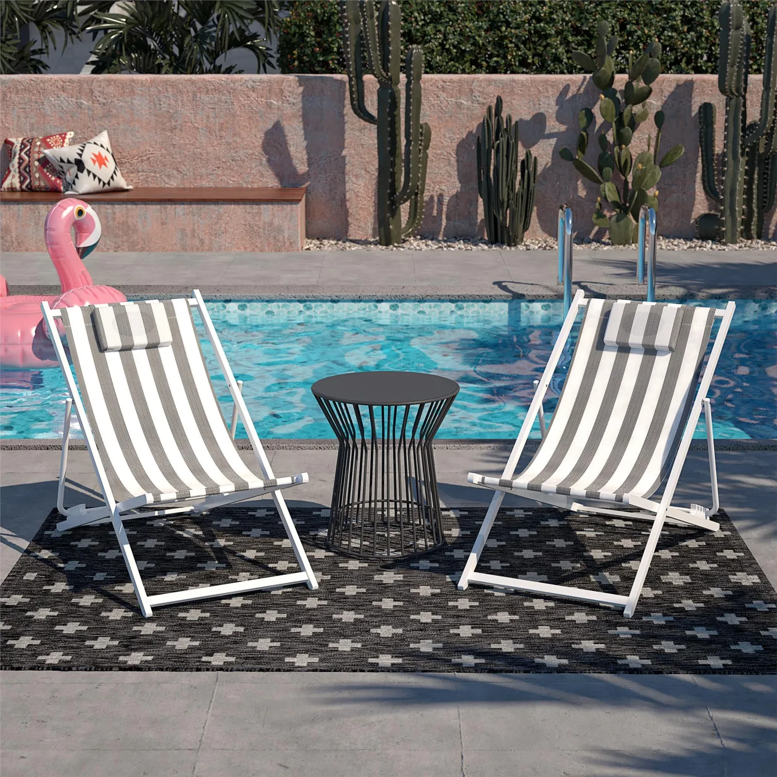 Tall folded striped beach chair standing upright.