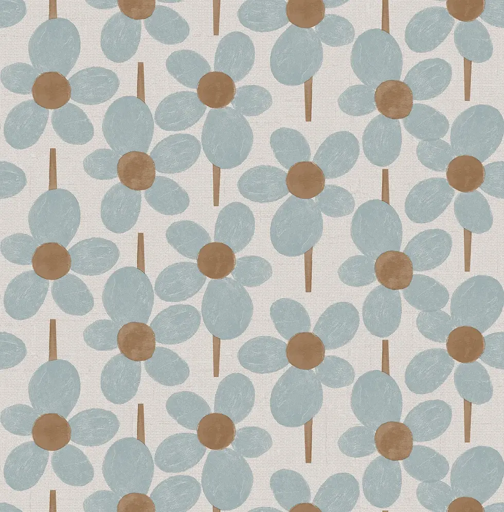 Wallpaper close-up showing a repeating floral design with soft blue petals, circular brown centers, and vertical stems.