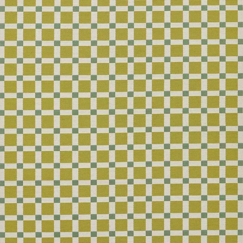 Full view of a green and cream checkered rug with evenly spaced squares in a grid layout and subtle ribbed texture.