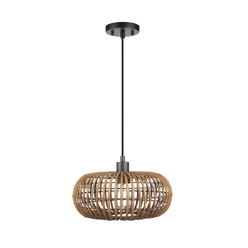 Rattan pendant light with woven dome shade and black hanging cord shown isolated against white background.