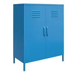 Studio image of a blue locker-style metal cabinet with two doors and four ventilation slots, shown without background.