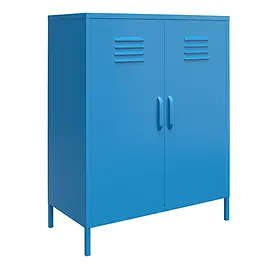 Studio image of a blue locker-style metal cabinet with two doors and four ventilation slots, shown without background.