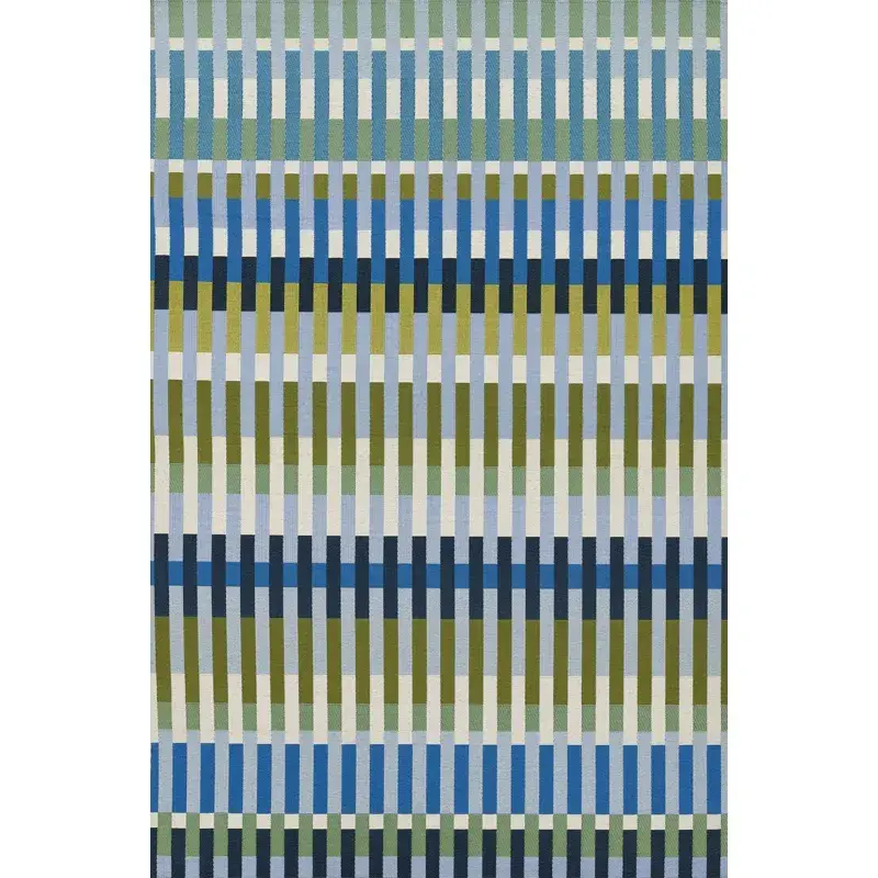 Rectangular rug with vertical stripes in varying shades of green, blue, ivory, and teal, arranged in alternating bands.