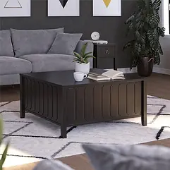 A cozy living room has a gray sofa and a Her Majesty Lift Top Coffee Table in black with hidden storage.