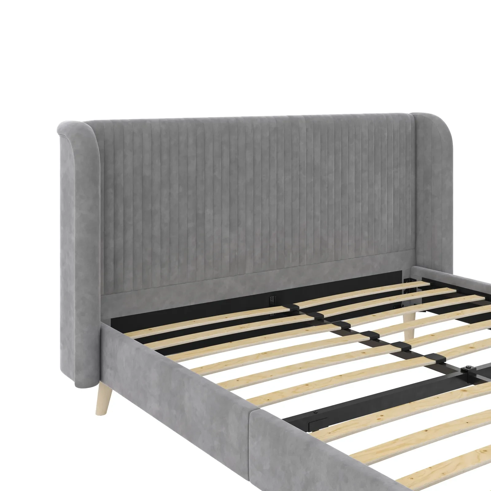 Gray upholstered bed close-up with slats