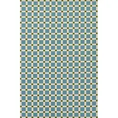 Rectangular area rug with a blue and white checkered pattern featuring small green square accents at the intersections.