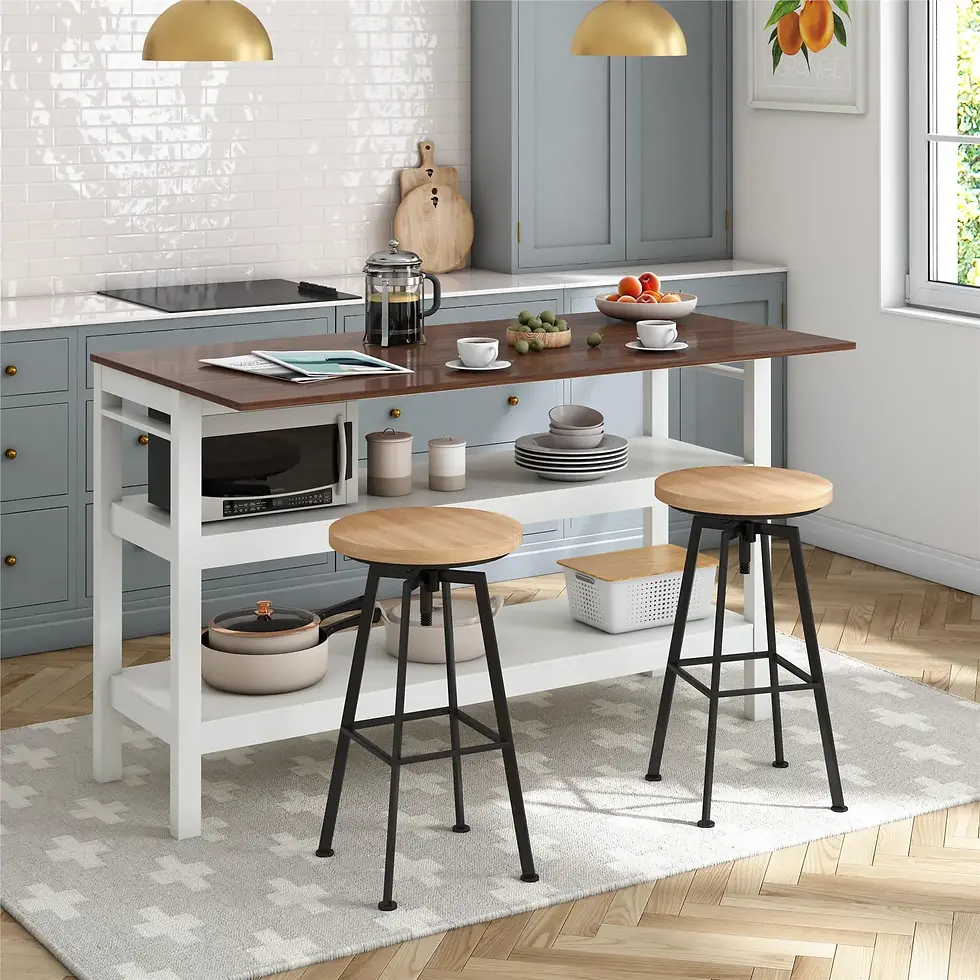 Kitchen island with a walnut-tone top and white base, featuring two backless stools with natural wood seats.