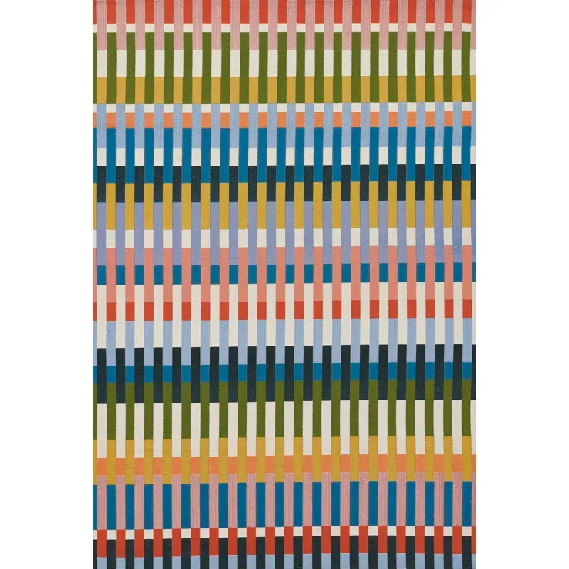 A flatweave rug with colorful vertical stripes in red, blue, yellow, green, and cream on a white background.